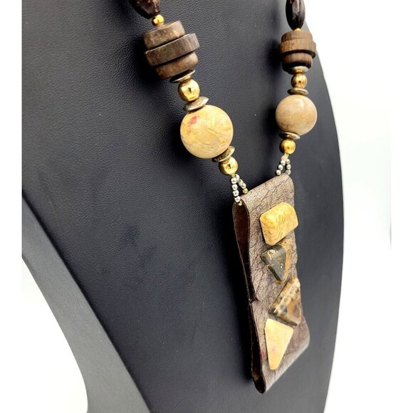 Handcrafted Wood Bead Necklace Leather on Copper Pendant w/ Geometric Stones - Picture 4 of 8
